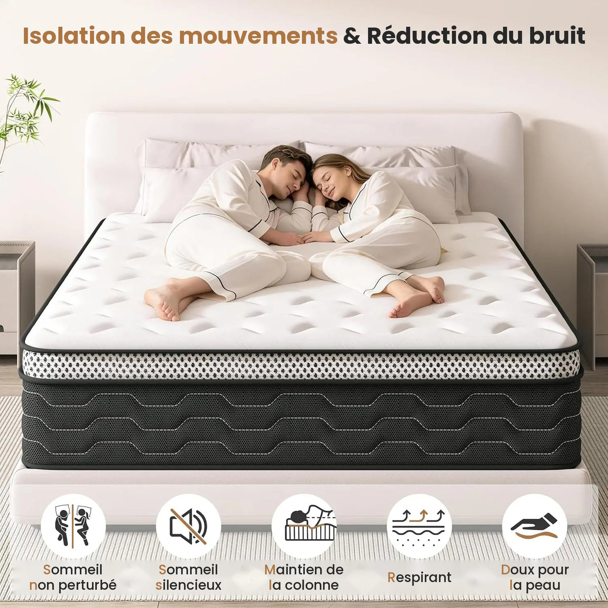 Indépendance de couchage : les ressorts ensachés absorbent les mouvements et le bruit